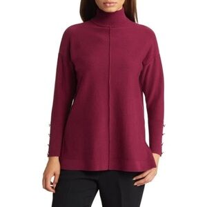 Anne Klein Button-Trim Long Sleeved Mock Neck Pullover Tunic Sweater Red Size S